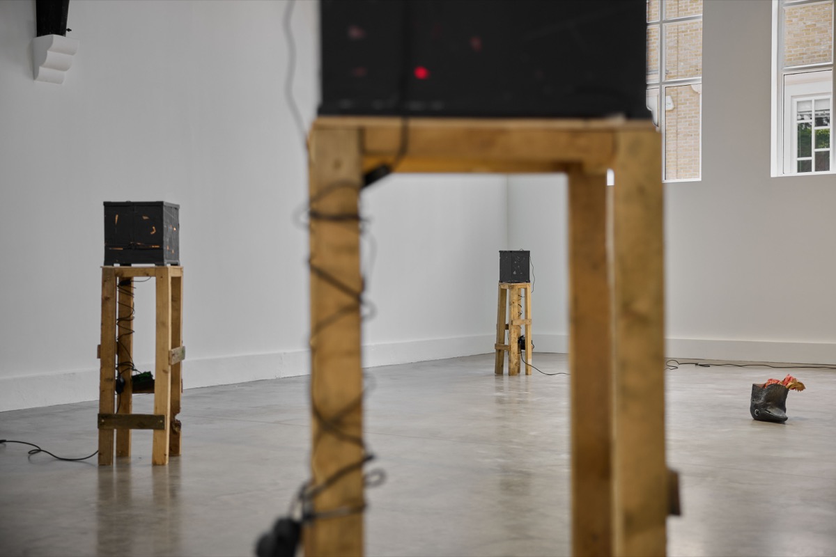 Installation view of Caspar Heinemann's 'Sod All' exhibition at Studio Voltaire, London, 2025